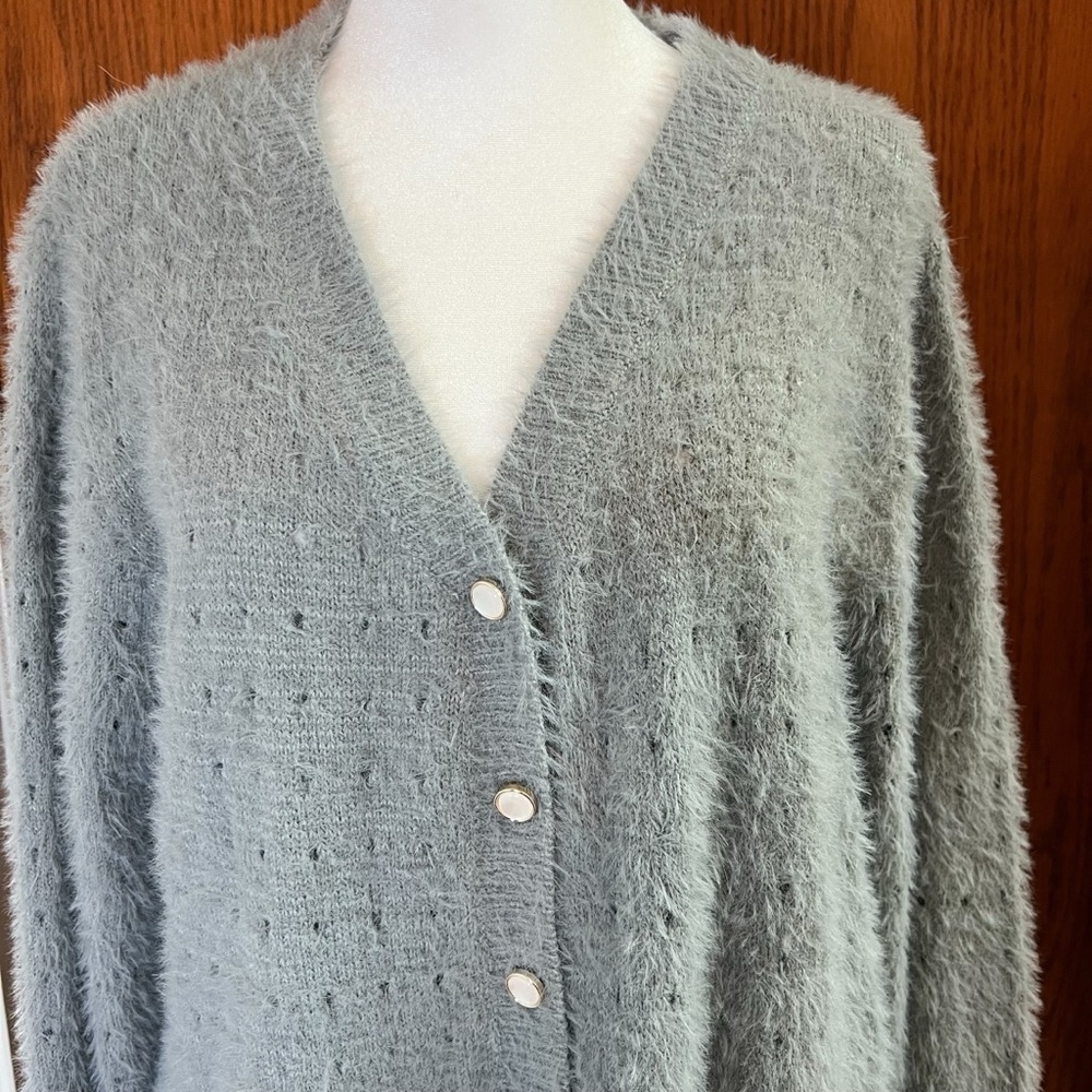 Fuzzy Openwork Flounce Sleeve Button-Up Fuzzy Car… - image 4